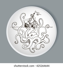 Hand drawn sketch of vessel and Kraken monster octopus. Greek mythology. Vector illustration. 