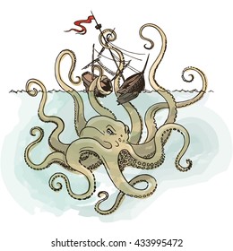 Hand drawn sketch of vessel and Kraken monster octopus. Greek mythology. Vector illustration. 