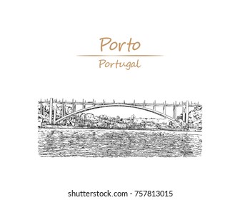 Hand drawn sketch of View of the historic city of Porto, Portugal with the Dom Luiz bridge in vector illustration.