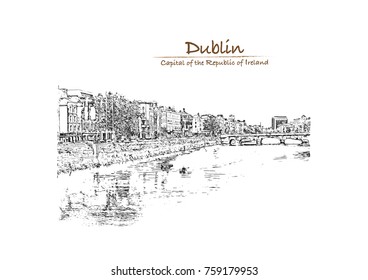 Hand drawn sketch of View of Mellows Bridge in Dublin - Ireland in vector illustration.