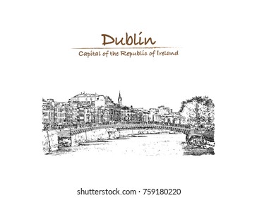 Hand drawn sketch of View of Mellows Bridge in Dublin - Ireland in vector illustration.