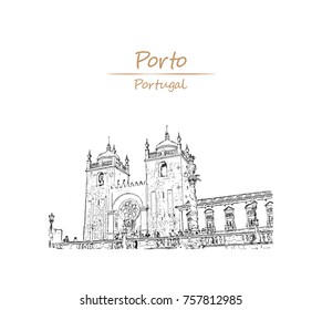 Hand drawn sketch of View on the aquare with Se cathedral and Pillar column Porto city, Portugal in vector illustration.