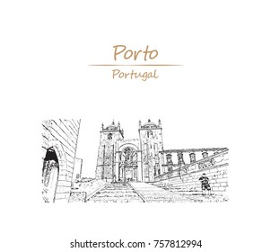 Hand drawn sketch of View on the aquare with Se cathedral and Pillar column Porto city, Portugal in vector illustration.