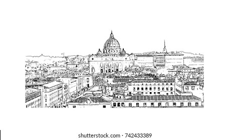 Hand drawn sketch of View of Rome from Castel Sant' Angelo in vector illustration. Skyline of Rome, Italy. Rome architecture and landmark, Rome cityscape