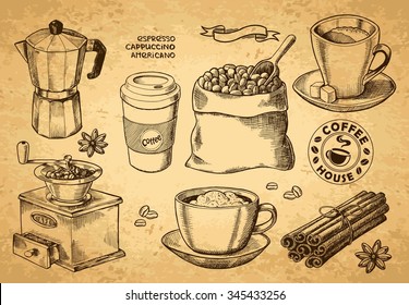 Hand drawn sketch vintage coffee set. Vector illustration. Menu design for cafe and restaurant