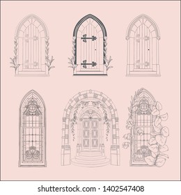 Hand Drawn Sketch Vintage Doors, Gates, Windows Set. decorated with Florals. Detailed Vector Illustration. Logo Branding