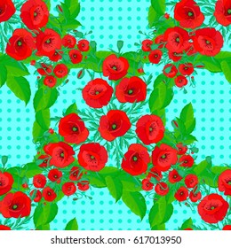 Hand drawn sketch. Vintage floral seamless pattern. Poppies on a blue polka dot background. Floral pattern with multicolored poppies.