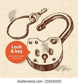 Hand drawn sketch vintage lock and key banner. Vector illustration