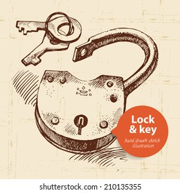 Hand drawn sketch vintage lock and key banner. Vector illustration