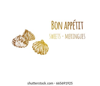 Hand drawn sketch vintage meringue marshmallows. Food sketch and kitchen doodle. Can use for cafe and restaurant menu design. Vector illustration.