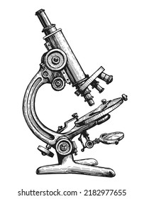 Hand drawn sketch vintage microscope. Medical tests, chemical laboratory concept. Vector illustration isolated - Shutterstock ID 2182977655