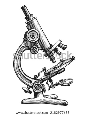 Hand drawn sketch vintage microscope. Medical tests, chemical laboratory concept. Vector illustration isolated