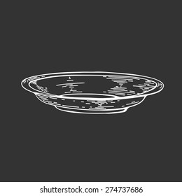 Hand drawn sketch vintage plate of chalk drops streaks landmarks drawing with chalk Cup on blackboard. Menu illustration on black background. Vector utensil