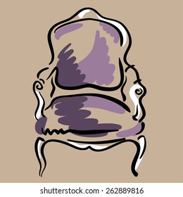 Hand drawn sketch of a violet classic armchair on the beige background. Elegant furniture.