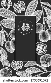 Hand drawn sketch walnut design template. Organic food vector illustration on chalk board. Vintage nut illustration. Engraved style botanical background.