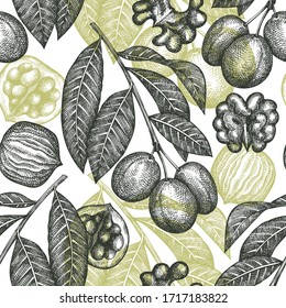 Hand drawn sketch walnut seamless pattern. Organic food vector illustration on white background. Retro nut illustration. Engraved style botanical background.