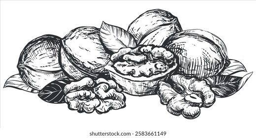 Hand drawn sketch of walnuts vector illustration. Composition of open walnut kernel, whole walnut. Fresh organic food, oil. Black and white drawing of nut. Isolated on white background.