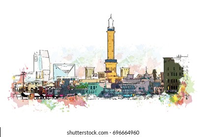 Hand drawn sketch with watercolor splash of Dubai abra in vector illustration.