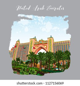 Hand drawn sketch with watercolor splashes of Dubai luxury hotel or tall building skyscraper with the palm tree from below. Illustration, vector.