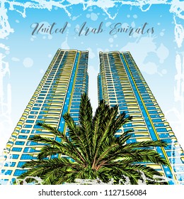 Hand drawn sketch with watercolor splashes of Dubai luxury hotel or tall building skyscraper with the palm tree from below. Illustration, vector.