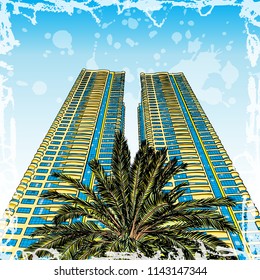 Hand drawn sketch with watercolor splashes of Dubai luxury hotel or tall building skyscraper with the palm tree from below. Illustration, vector.