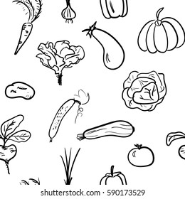 Hand drawn sketch watercolor vegetable seamless pattern. Organic healthy food vector illustration