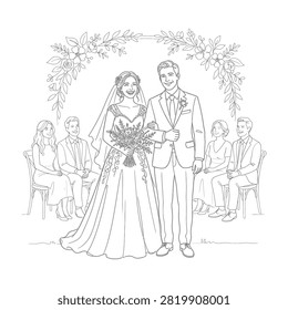 Hand drawn sketch of a wedding ceremony featuring a bride and groom standing under a floral arch with seated guests. Ideal for invitations, scrapbooking, and wedding design projects.