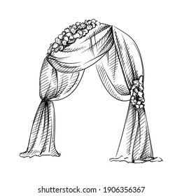 Hand drawn sketch of wedding curtain arch decorated with flowers on a white background. Wedding theme. Celebration and festivities. Accessories for wedding