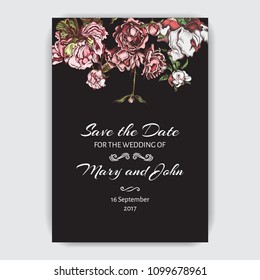 Hand drawn sketch wedding illustration peony flowers. Vector templete Save the date.
