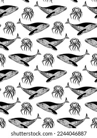 Hand drawn sketch whale and jellyfish background. Vector seamless doolle style pattern on white