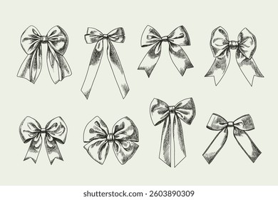 Hand drawn sketch whimsical vintage vector coquette bows. Rococo retro illustration set of ribbons. Not AI generation