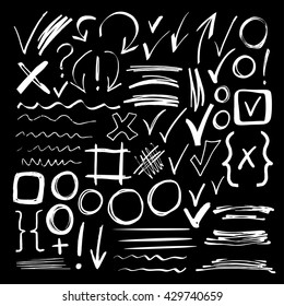 Hand drawn sketch white chalk signs, arrows, lines, shapes, handwritten, design elements set isolated on blackboard