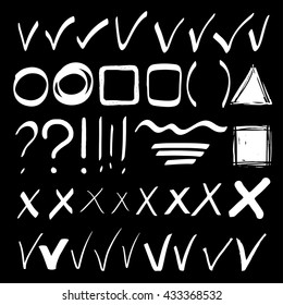 Hand drawn sketch white chalk signs, arrows, lines, shapes, handwritten, design elements set isolated on blackboard