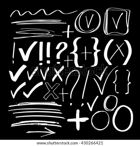 Hand drawn sketch white chalk signs, arrows, lines, shapes, handwritten, design elements set isolated on blackboard