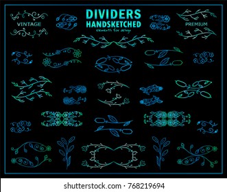 Hand drawn sketch wild flowers, grass, herb, reed, and weed, neon blue and green colors