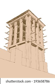 Hand drawn Sketch of Wind Tower Architecture in Dubai, United Arab Emirates