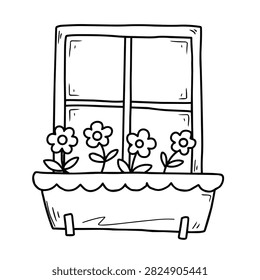 Hand drawn sketch of a window with a decorative flower box containing four simple cartoon flowers, isolated on white background
