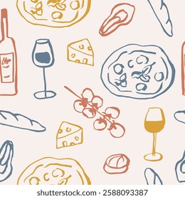 Hand drawn sketch wine and food background