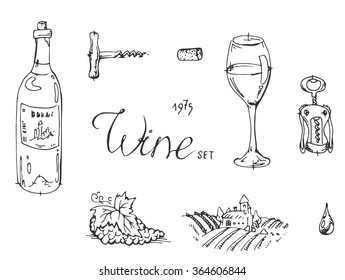 Hand drawn sketch wine set. Vector illustration