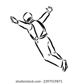 Hand drawn sketch of wingsuit in black isolated on white background.