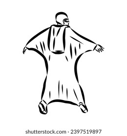 Hand drawn sketch of wingsuit in black isolated on white background.