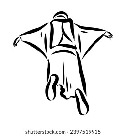 Hand drawn sketch of wingsuit in black isolated on white background.