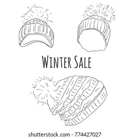 Hand drawn sketch winter hats vector set.