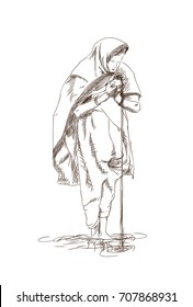 Hand drawn sketch of Woman dressed in a red sari carrying out a religious ceremony whilst standing in the River Ganges on one of the many sacred ghats at Varanasi in India in vector.