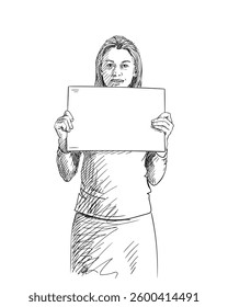 Hand drawn sketch of a woman holding a blank sign in front of her. Black and white line art with expressive strokes and shading, isolated on a white background