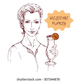 Hand Drawn Sketch Of A Woman Holding A Cocktail. Can Be Used As Illustration Or Invitation To A Party.