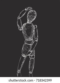 Hand drawn sketch of wooden doll gestalta isolated on dark gray background. White line vector illustration on Mannequin. Chalkboard Imitation. Vintage engraving.
