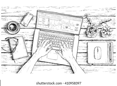 Hand drawn sketch of work place of creative man. Vector illustration.