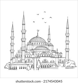 Handgezeichnete Skizze der weltberühmten Blauen Moschee, Vektorgrafik Istanbul Türkei