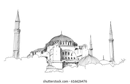 Hand drawn sketch of the world famous Blue mosque, Istanbul in vector illustration.